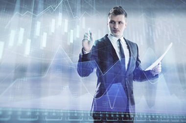 İşadamı ve forex grafik hologramı. Çifte pozlama. Finansal eğitim ve analiz kavramı