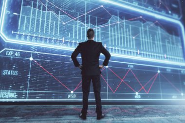 İş teması hologramı ile ayakta işadamı. Çoklu pozlama. Analiz kavramı