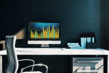 Bilgisayar ekranında finansal grafikler ve grafikler ile kabine masaüstü iç. Hisse senedi piyasası analizi ve ticaret kavramı. 3B işleme.