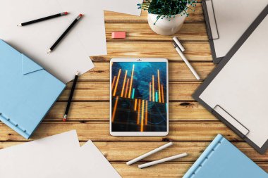 Dijital tablet çekim üst görünümü ile mali grafik ve kısmi Dünya Haritası ekranda. Online uluslararası ticaret uygulama kavramı. 3B işleme.