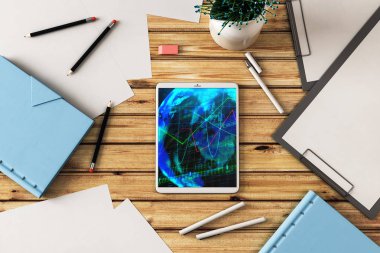 Dijital tablet çekim üst görünümü ile mali grafik ve kısmi Dünya Haritası ekranda. Online uluslararası ticaret uygulama kavramı. 3B işleme.