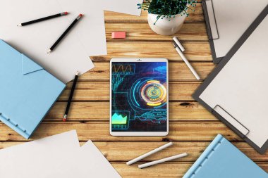 Ekran üzerinde teknoloji pic ile dijital tablet çekim üst görünümü. Online teknoloji konsepti. 3B işleme.