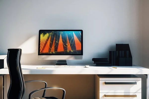 Interior de escritorio del gabinete con gráficos y gráficos financieros en la pantalla del ordenador. Concepto de análisis y negociación bursátil. renderizado 3d . —  Fotos de Stock