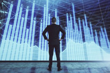 İşadamı ve forex grafik hologramı. Çifte pozlama. Finansal eğitim ve analiz kavramı