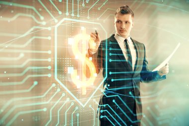 İş teması hologramı ile ayakta işadamı. Çoklu pozlama. Analiz kavramı