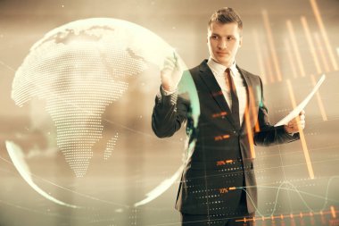 İşadamı ve forex grafiği ve dünya haritası hologramı. Çifte pozlama. Finansal eğitim ve analiz kavramı