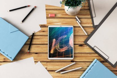 Ekrandaki bitcoin tema resmi ile dijital tablet yakın çekim. Blockchain teknoloji konsepti. 3d render.