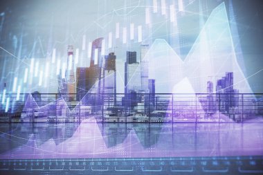 Çatı arka planda şehir görünümü ile Forex grafik hologram. Çift pozlama. Hisse senedi piyasası konsepti.
