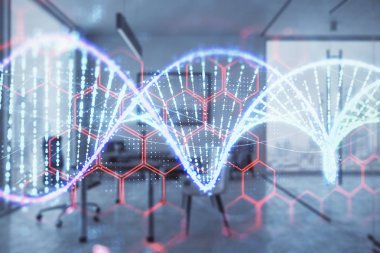 Minimalist dolap iç arka plan ile DNA hologramı. Çifte pozlama. Eğitim kavramı.