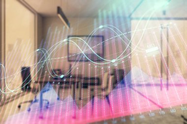 Minimalist kabine iç arka plan ile iş teması grafik hologram. Çift pozlama. Hisse senedi piyasası konsepti.