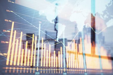 Harita ve minimalist kabine iç arka plan ile Forex grafik hologram. Çifte pozlama. Uluslararası iş kavramı.