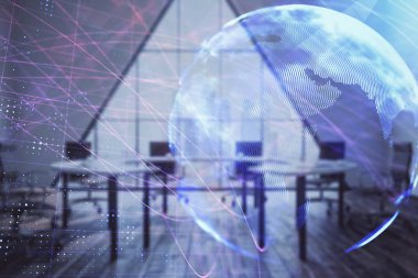 Konferans odası arka planda dünya hologram çift pozlama. Uluslararası iş konsepti