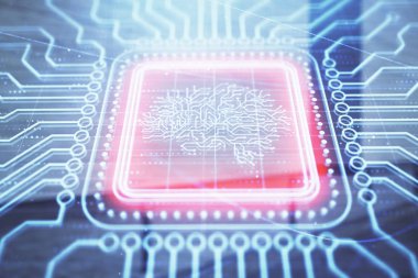 Boş dış arka planda beyin kroki hologramının çift pozlaması. büyük veri kavramı