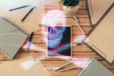 Dijital tablet, masa arka plan üzerinde çizim hack tema çift pozlama. Veri menkul kıymetleştirme kavramı