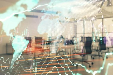 Stok ve tahvil piyasa grafik ve arka planda ticaret masası banka Ofisi İç ile dünya haritası. Çok pozlama. Uluslararası Finans konsepti