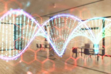 Arka planda ofis iç ile DNA çizim. Çifte pozlama. Eğitim kavramı