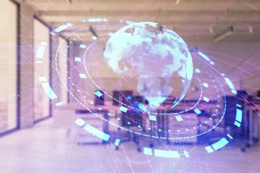 Arka planda ticaret masası banka ofisi iç dünya haritası. Çoklu pozlama. Uluslararası finans kavramı