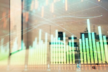 Ticaret masası banka ofisi iç arka planda stok piyasa şeması. Çift pozlama. Finansal analiz konsepti