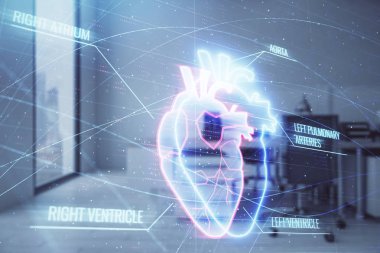 Arka planda ofis iç ile Kalp çizim. Çifte pozlama. Tıp eğitimi kavramı