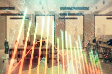 Ticaret masası banka ofisi iç arka planda stok piyasa şeması. Çift pozlama. Finansal analiz konsepti