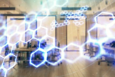 Arka planda ofis iç çizim teknoloji teması. Çoklu pozlama. Yenilik kavramı