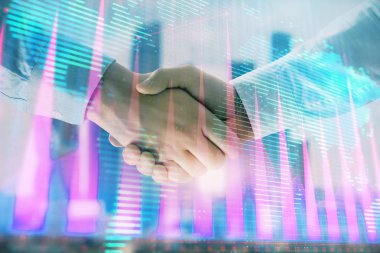 İki işadamı el sıkışması ile Cityscape arka planda mali grafik ve Dünya haritasına çift pozlama. Uluslararası yatırım konsepti