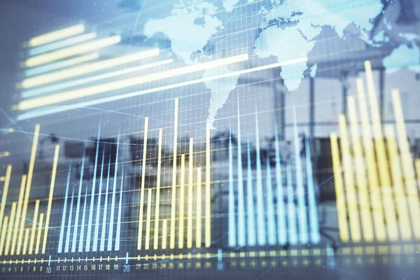 Stock and bond market graph and world map with trading desk bank office interior on background. Multi exposure. Concept of international finance