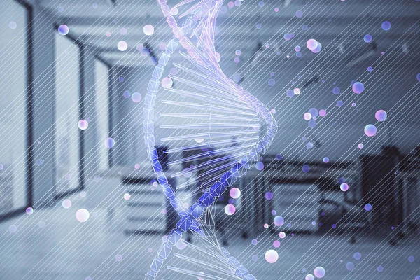 Малюнок ДНК з офісним інтер'єром на фоні. Подвійна експозиція. Концепція освіти — стокове фото