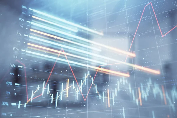Gráfico do mercado de ações com mesa de negociação escritório do banco interior em segundo plano. Dupla exposição. Conceito de análise financeira — Fotografia de Stock