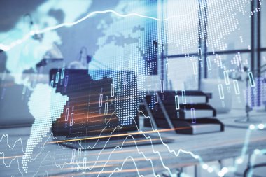 Dünya hologram ve masaüstü ofis bilgisayar arka plan ile hisse senedi piyasası grafik. Çok pozlama. Finansal analiz konsepti.