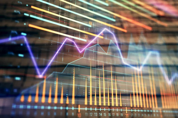 Ologramma grafico finanziario con sfondo astratto. Doppia esposizione. Concetto di analisi di mercato — Foto Stock