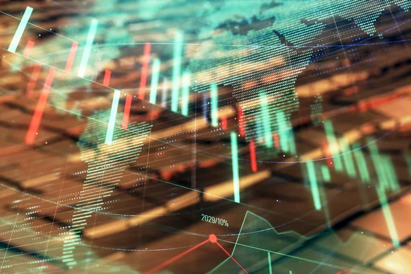 Financial chart hologram with globe and abstract background. Double exposure. Concept of market analysis