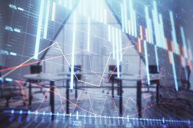 Konferans odası arka planda Forex çizelgesine çift pozlama. Hisse senedi piyasası analizi konsepti