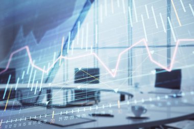 Konferans odası arka planda Forex çizelgesine çift pozlama. Hisse senedi piyasası analizi konsepti