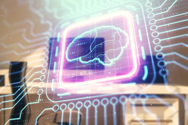 Masaüstü ofis arka plan ile beyin kroki hologramı. Çifte pozlama. Beyin fırtınası konsepti.