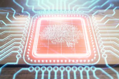 Boş oda iç arka planda beyin çizimleri hologram çift pozlama. Veri kavramı.