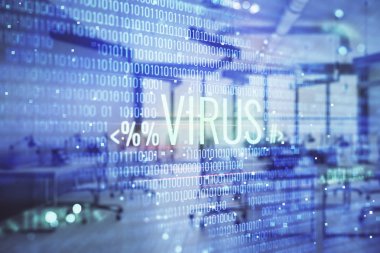 Arka planda ofis iç ile Hacking Tema hologram. Çift pozlama. Siber korsanlık kavramı