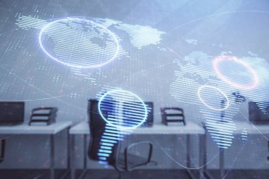 Arka planda ticaret masası banka ofisi iç dünya haritası. Çoklu pozlama. Uluslararası finans kavramı