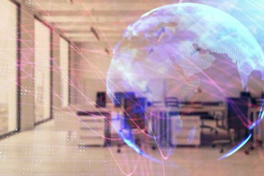 Arka planda ticaret masası banka ofisi iç dünya haritası. Çoklu pozlama. Uluslararası finans kavramı