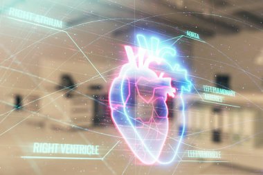 Arka planda ofis iç ile Kalp çizim. Çifte pozlama. Tıp eğitimi kavramı