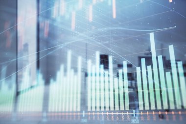 Ticaret masası banka ofisi iç arka planda stok piyasa şeması. Çift pozlama. Finansal analiz konsepti
