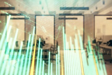 Ticaret masası banka ofisi iç arka planda stok piyasa şeması. Çift pozlama. Finansal analiz konsepti