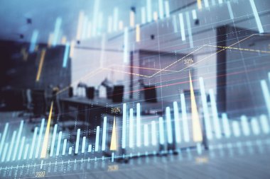 Ticaret masası banka ofisi iç arka planda stok piyasa şeması. Çift pozlama. Finansal analiz konsepti