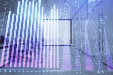 Ticaret masası banka ofisi iç arka planda stok piyasa şeması. Çift pozlama. Finansal analiz konsepti