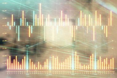 Ticaret masası banka ofisi iç arka planda stok piyasa şeması. Çift pozlama. Finansal analiz konsepti