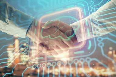 El sıkışma ile şehir görünümü arka plan çizim insan beyninin çoklu pozlama. Beyin fırtınası kavramı