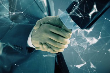 İki erkek el sıkışma ile soyut arka plan üzerinde teknoloji çizim çift pozlama. Modern iş dünyasında teknoloji kavramı