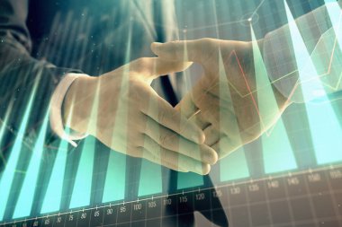 İki işadamı el sıkışması ile soyut arka planda Forex grafik Multi pozlama. Hisse senedi piyasasında başarı kavramı