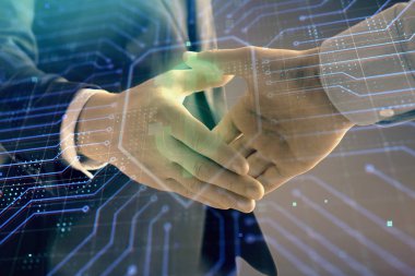 İki erkek el sıkışma ile soyut arka plan üzerinde iş grafiği çoklu pozlama. Başarı kavramı