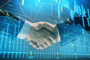 İki işadamı el sıkışması ile soyut arka planda Forex grafik Multi pozlama. Hisse senedi piyasasında başarı kavramı